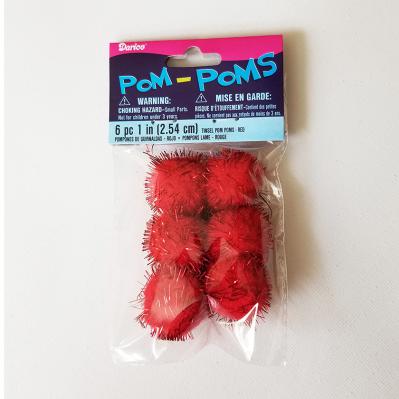 Six 1 inch Red Tinsel Pom Poms
